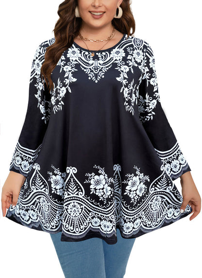 Women's Plus Size Tunic Top | Black & White Print Swing Flare Blouse for Leggings