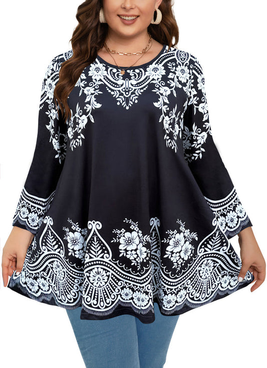 Women's Plus Size Tunic Top | Black & White Print Swing Flare Blouse for Leggings