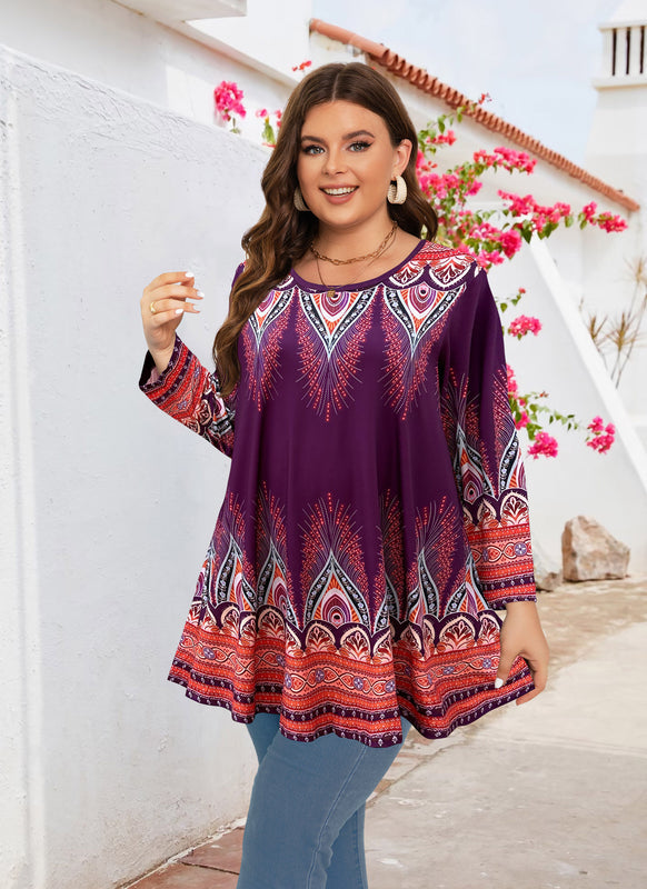Women's Plus Size Orange & Purple Floral Tunic Top – 3/4 Sleeve Swing Flare Blouse