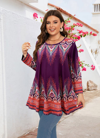 Women's Plus Size Orange & Purple Floral Tunic Top – 3/4 Sleeve Swing Flare Blouse