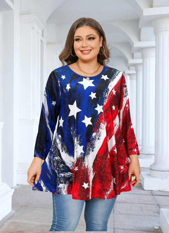 Women's Plus Size American Flag Tunic Top – 3/4 Sleeve Patriotic Swing Flare Blouse