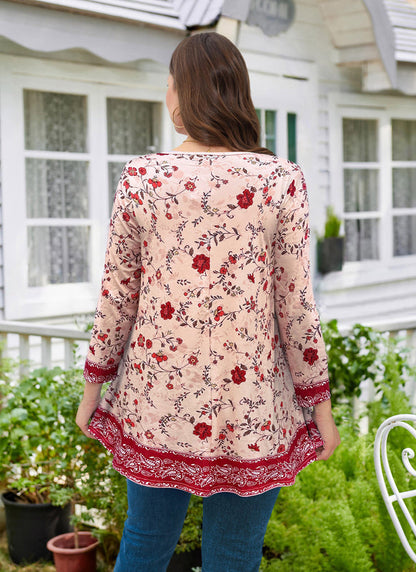 Women's Plus Size Red & Pink Floral Tunic Top – 3/4 Sleeve Swing Flare Blouse