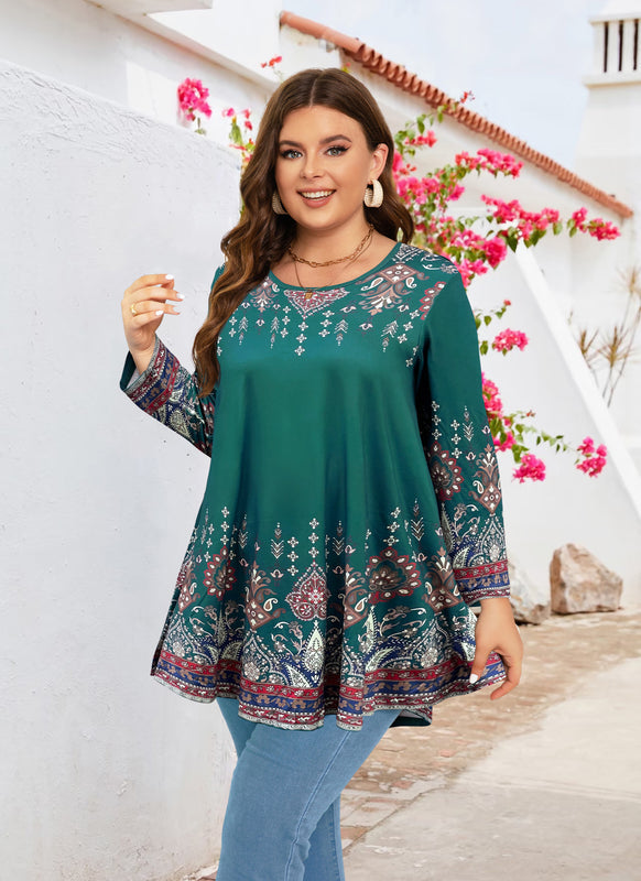 Women's Plus Size Teal & Blue Floral Tunic Top – 3/4 Sleeve Swing Flare Blouse
