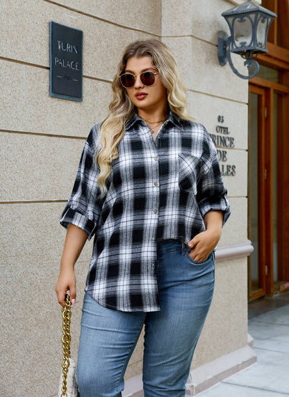 Women's Plus Size Black White Plaid Flannel Shirt | Long Sleeve Button Down