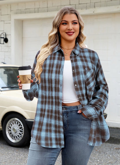 Women's Plus Size Brown Blue Plaid Flannel Shirt | Long Sleeve Button Down
