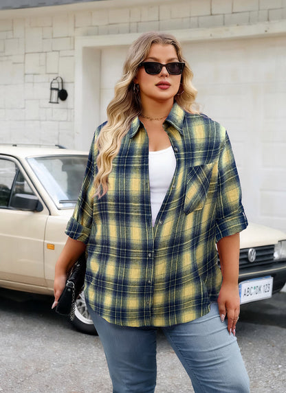 Women's Plus Size Yellow Plaid Flannel Shirt | Long Sleeve Button Down