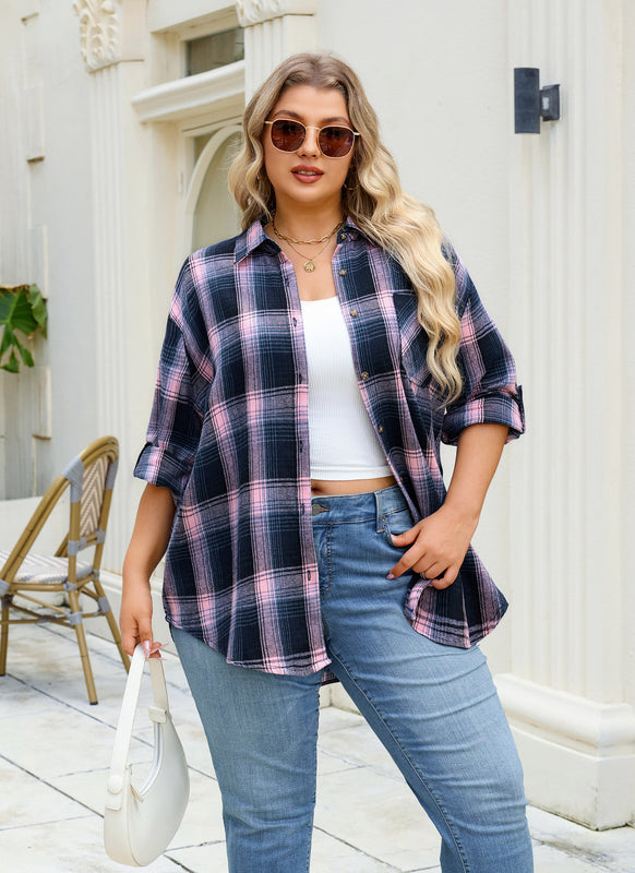 Women's Plus Size Navy Pink Plaid Flannel Shirt | Long Sleeve Button Down