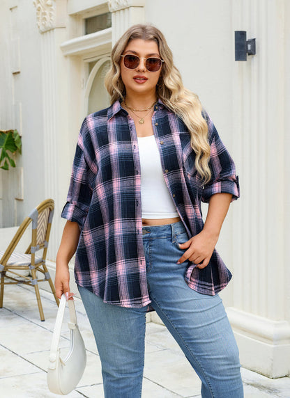 Women's Plus Size Navy Pink Plaid Flannel Shirt | Long Sleeve Button Down