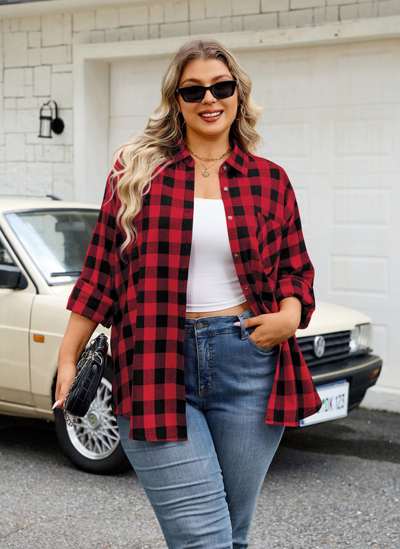Women's Plus Size Red Plaid Flannel Shirt – Long Sleeve Button Down Boyfriend Blouse
