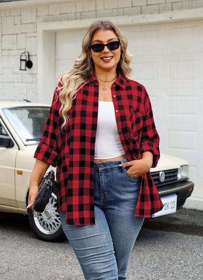 Women's Plus Size Red Plaid Flannel Shirt – Long Sleeve Button Down Boyfriend Blouse