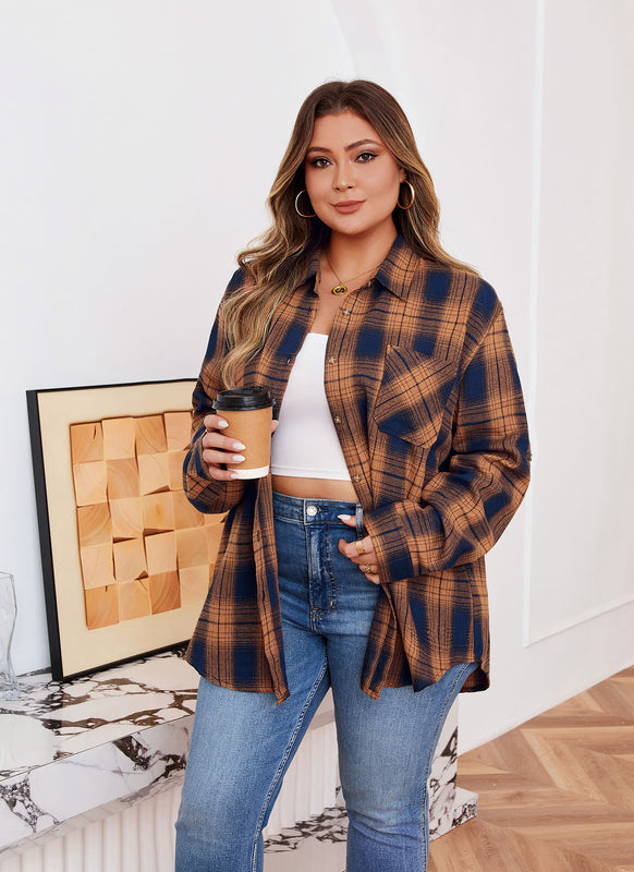 Women's Plus Size Orange Plaid Flannel Shirt | Long Sleeve Button Down