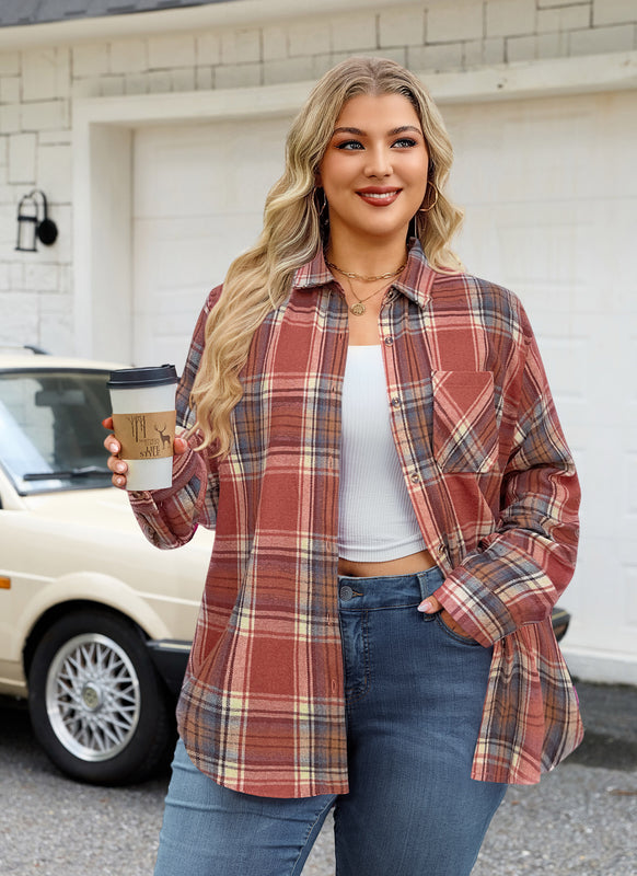 Women's Plus Size Rust Plaid Flannel Shirt | Long Sleeve Button Down