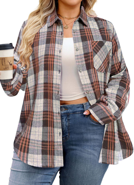 Women's Plus Size Brown Plaid Flannel Shirt | Long Sleeve Button Down
