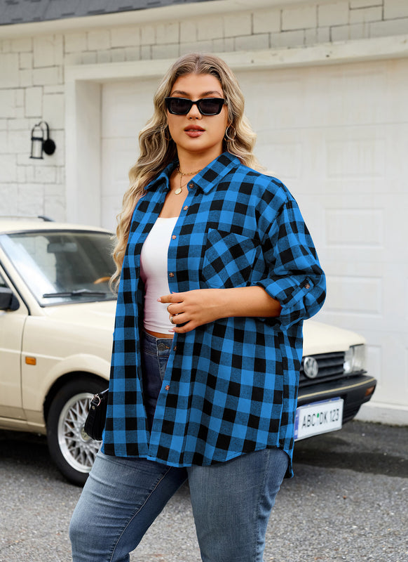 Women's Plus Size Royal Blue Plaid Flannel Shirt | Long Sleeve Button Down