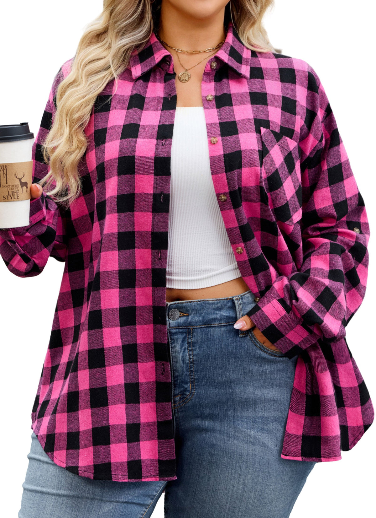 Women's Plus Size Hot Pink Plaid Flannel Shirt | Long Sleeve Button Down