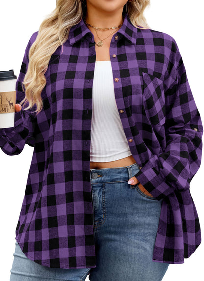 Women's Plus Size Purple Plaid Flannel Shirt | Long Sleeve Button Down