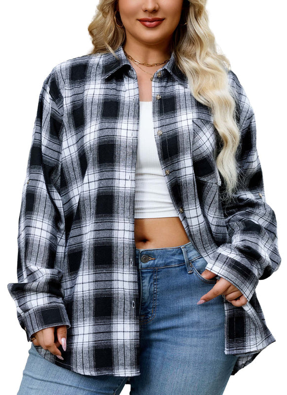 Women's Plus Size Black White Plaid Flannel Shirt | Long Sleeve Button Down