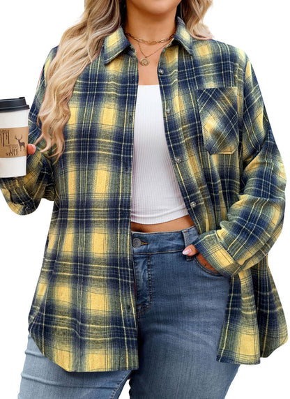 Women's Plus Size Yellow Plaid Flannel Shirt | Long Sleeve Button Down