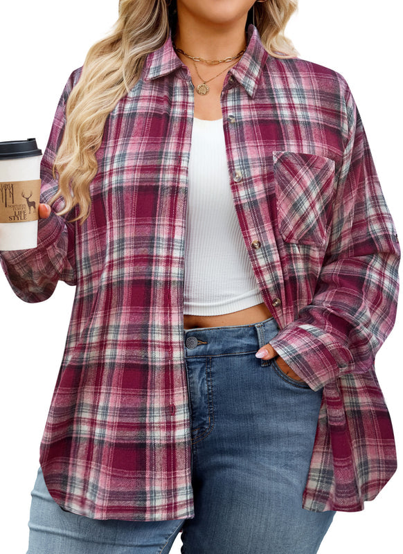Women's Plus Size Wine Red Plaid Flannel Shirt | Long Sleeve Button Down