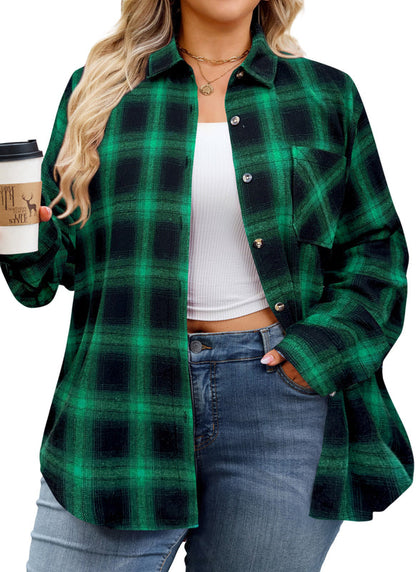 Women's Plus Size Green Plaid Flannel Shirt | Long Sleeve Button Down