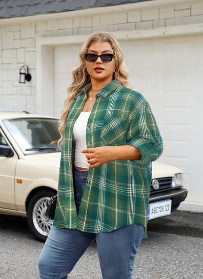 Women's Plus Size Sage Green Plaid Flannel Shirt | Long Sleeve Button Down