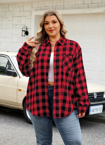Women's Plus Size Red Plaid Flannel Shirt – Long Sleeve Button Down Boyfriend Blouse