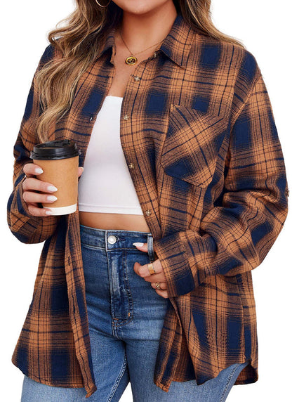 Women's Plus Size Orange Plaid Flannel Shirt | Long Sleeve Button Down