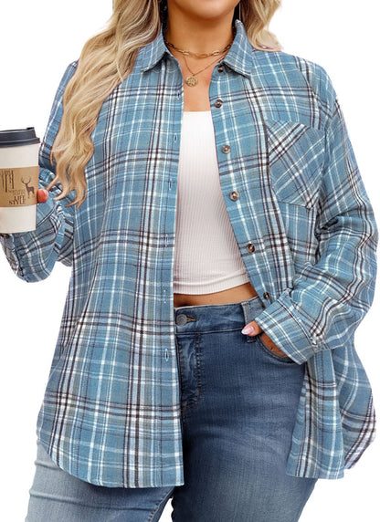 Women's Plus Size Sky Blue Plaid Flannel Shirt | Long Sleeve Button Down