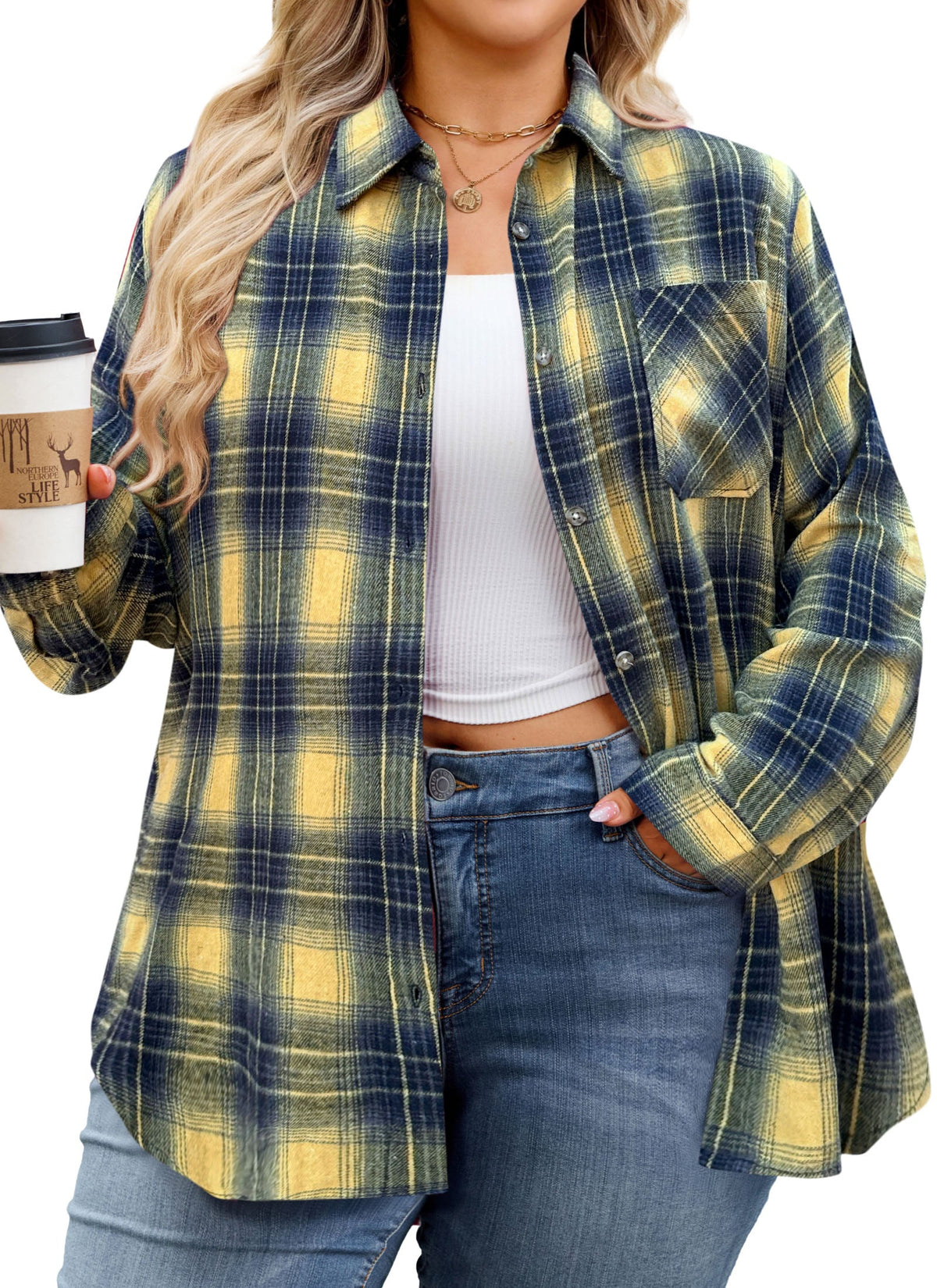 Women's Plus Size Yellow Plaid Flannel Shirt | Long Sleeve Button Down