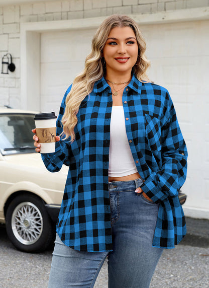 Women's Plus Size Royal Blue Plaid Flannel Shirt | Long Sleeve Button Down