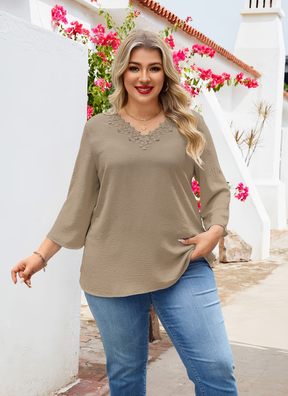 Women's Plus Size Khaki Floral Trim V-Neck Blouse | 3/4 Sleeve Tunic Top