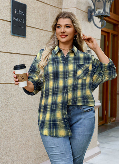 Women's Plus Size Yellow Plaid Flannel Shirt | Long Sleeve Button Down