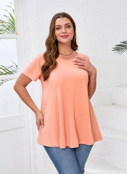 Women's Plus Size Swing Tunic Top – Short Sleeve, Flowy Flare, Crew Neck Blouse to Wear with Leggings