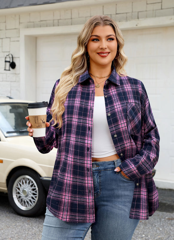 Women's Plus Size Pink Navy Plaid Flannel Shirt | Long Sleeve Button Down