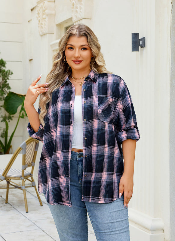 Women's Plus Size Navy Pink Plaid Flannel Shirt | Long Sleeve Button Down