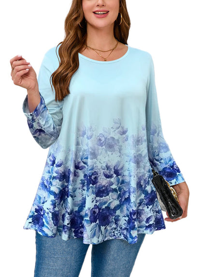 Women's Plus Size Blue Floral Ombre Tunic Top – 3/4 Sleeve Swing Flare Blouse