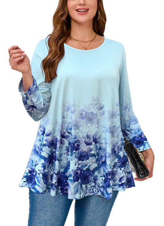 Women's Plus Size Blue Floral Ombre Tunic Top – 3/4 Sleeve Swing Flare Blouse
