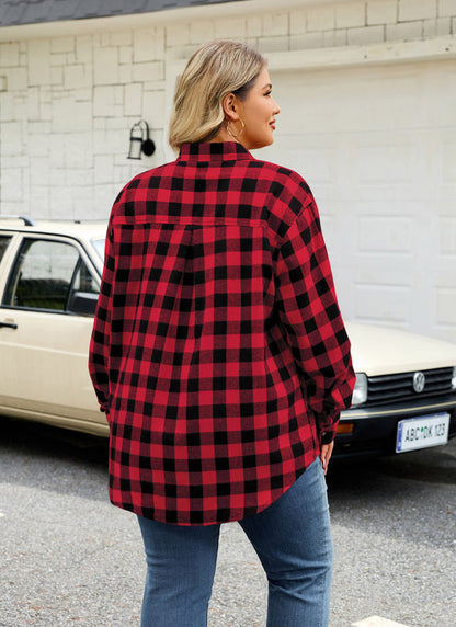 Women's Plus Size Red Plaid Flannel Shirt – Long Sleeve Button Down Boyfriend Blouse