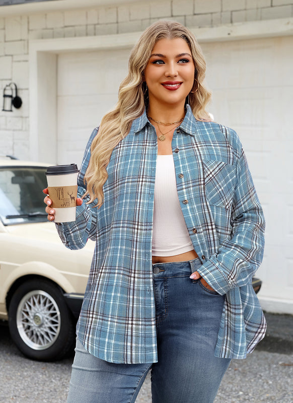 Women's Plus Size Sky Blue Plaid Flannel Shirt | Long Sleeve Button Down