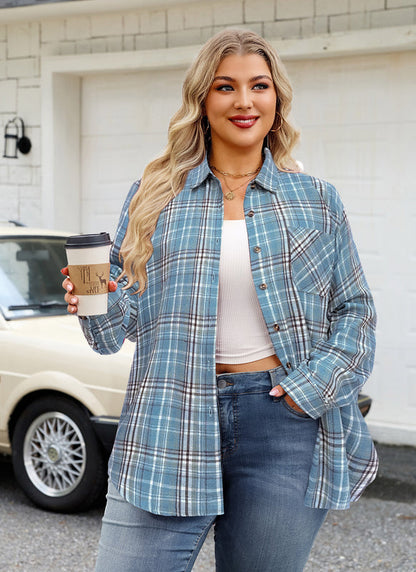 Women's Plus Size Sky Blue Plaid Flannel Shirt | Long Sleeve Button Down