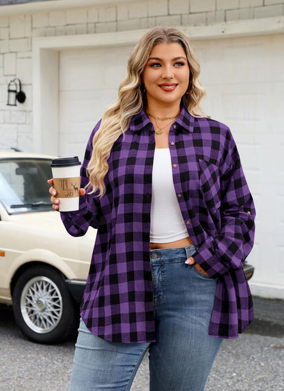 Women's Plus Size Purple Plaid Flannel Shirt | Long Sleeve Button Down