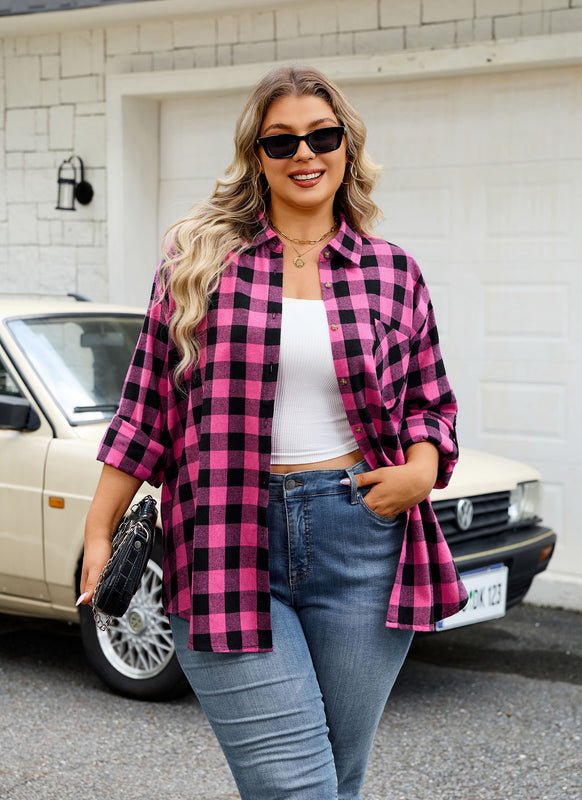 Women's Plus Size Hot Pink Plaid Flannel Shirt | Long Sleeve Button Down