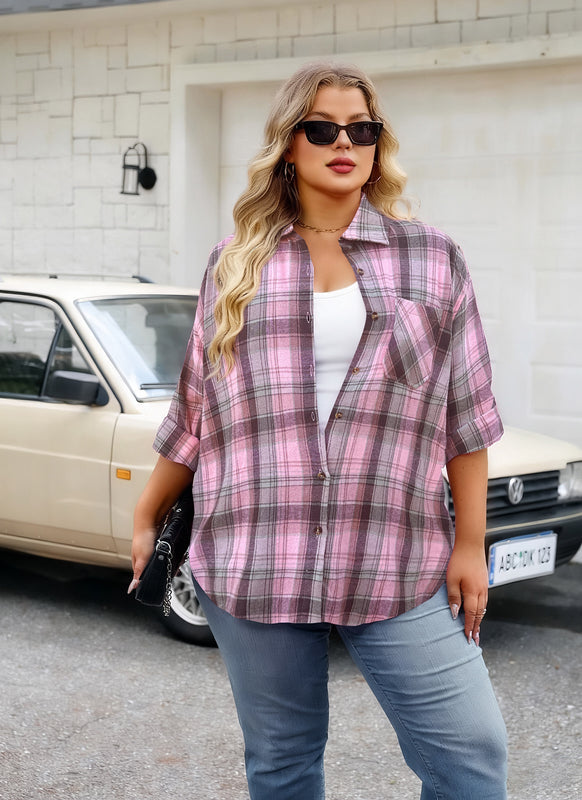 Women's Plus Size Light Pink Plaid Flannel Shirt | Long Sleeve Button Down