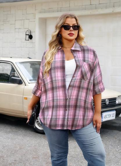 Women's Plus Size Light Pink Plaid Flannel Shirt | Long Sleeve Button Down