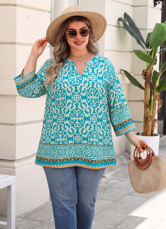 Plus Size Tops 3/4 Sleeve Boho Blouses Dressy Casual V Neck Tunic Loose Fit Floral Peasant Shirts