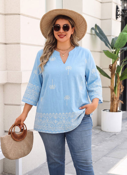 Women's Plus Size Light Blue Embroidered Tropical Tunic Top | 3/4 Sleeve