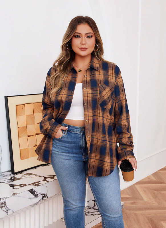 Women's Plus Size Orange Plaid Flannel Shirt | Long Sleeve Button Down