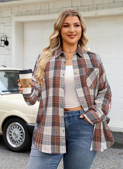 Women's Plus Size Brown Plaid Flannel Shirt | Long Sleeve Button Down
