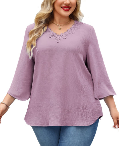 Women's Plus Size Purple Floral Trim V-Neck Blouse | 3/4 Sleeve Tunic Top