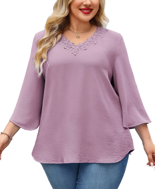 Women's Plus Size Purple Floral Trim V-Neck Blouse | 3/4 Sleeve Tunic Top